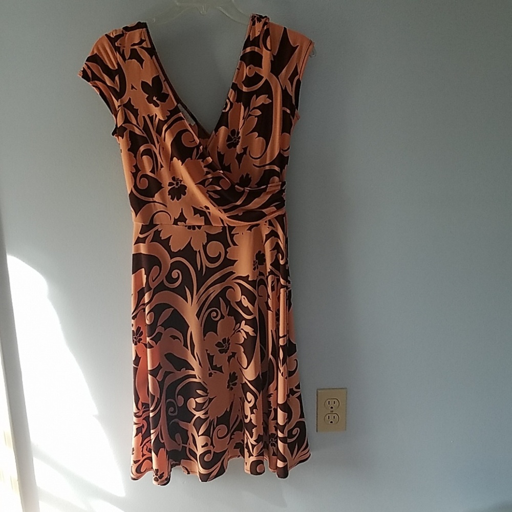 London times peach and brown cross over dress